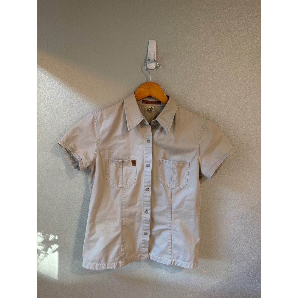 Anne Klein Denim Button Down Shirt Womens 8 Tan Short Sleeve Utility Safari Vtg